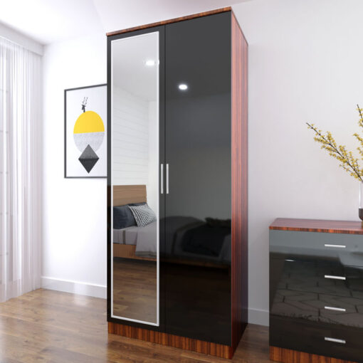 2 Door Double Wardrobe Storage with Hanging Rail Shelf Bedroom Furniture - Elegant