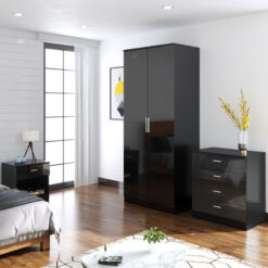 3 Piece Bedroom Furniture Set, 2 Door Wardrobe, 4 Drawer Chest Of Drawer and 1 Drawer Bedside Cabinet (Black) - Elegant