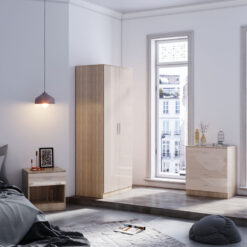 3 Piece Bedroom Furniture Sets, 2 Door Soft Hinge Wardrobe, 4 Drawer Chest of Drawers, Beside Cabinet, Cream/Oak - Elegant