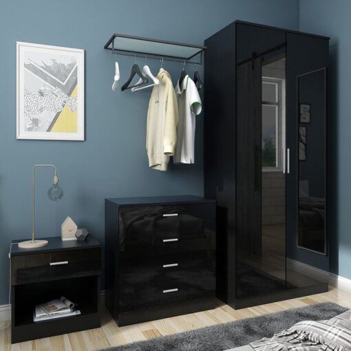 3 Piece Bedroom Wardrobe Sets,2 Door Soft Hinge Wardrobe, 4 Drawer Chest of Drawers and Beside Cabinet, Black Bedroom Furniture Sets - Elegant