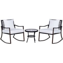 3 Pieces Rocking Chair Bistro Set Furniture Rattan Wicker Brown - Brown, Cream White - Outsunny