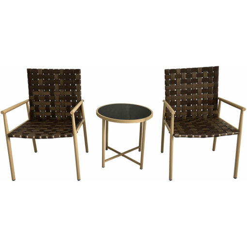 3 pcs Patio Leather Effect Rattan Wicker Bistro Set with Table - Natural