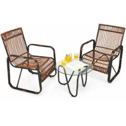 3 pcs Patio Rattan Wicker Rocking Bistro Set w/ Glass Table & Adjustable Feet