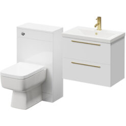 390 Gloss White 1100mm Wall Mounted Vanity Unit Toilet Suite with 1 Tap Hole Basin and 2 Drawers with Brushed Brass Handles - Napoli