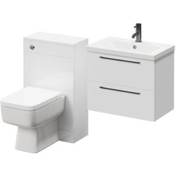 390 Gloss White 1100mm Wall Mounted Vanity Unit Toilet Suite with 1 Tap Hole Basin and 2 Drawers with Gunmetal Grey Handles - Napoli