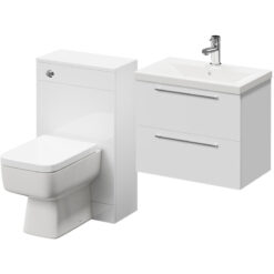 390 Gloss White 1100mm Wall Mounted Vanity Unit Toilet Suite with 1 Tap Hole Basin and 2 Drawers with Polished Chrome Handles - Napoli