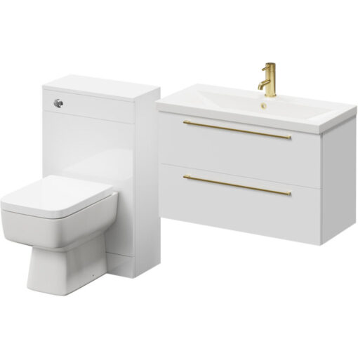 390 Gloss White 1300mm Wall Mounted Vanity Unit Toilet Suite with 1 Tap Hole Basin and 2 Drawers with Brushed Brass Handles - Napoli