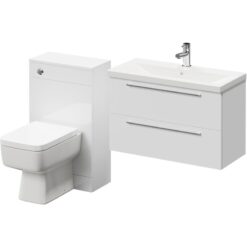 390 Gloss White 1300mm Wall Mounted Vanity Unit Toilet Suite with 1 Tap Hole Basin and 2 Drawers with Polished Chrome Handles - Napoli