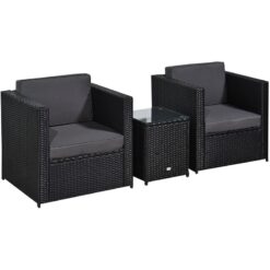 3Pcs Patio 2 Seater Rattan Sofa Garden Furniture Set w/ Cushions Black - Black - Outsunny