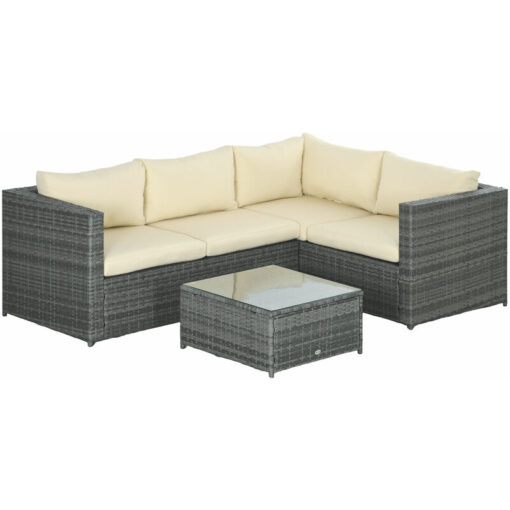 3Pcs Rattan Corner Sofa Set Coffee Table Garden Furniture w/ Cushion - Beige - Outsunny