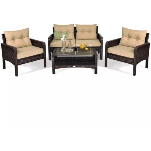 4 PCS PE Rattan Patio Conversation Set Outdoor Furniture Set w/ Glass Table