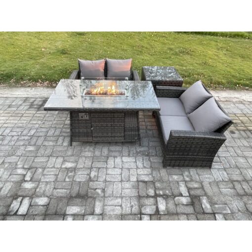 4 Pieces Garden Furniture Sets Poly Rattan Outdoor Patio Gas Firepit Dining Table Sofa Set for Garden Backyard Dark Grey Mixed - Fimous