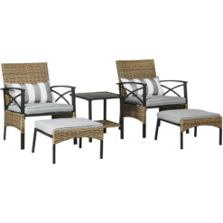 5pc Rattan Garden Furniture Set w/Chair, Footstool and Table, Grey - Grey - Outsunny