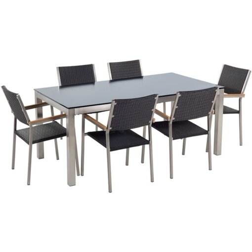 6 Seater Garden Dining Set Black Glass Top Black Rattan Chairs Grosseto