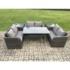 6 Seater Outdoor Rattan Garden Furniture Set with Patio Love Sofa Rectangular Dining Table 2 Side Tables Dark Grey Mixed - Fimous