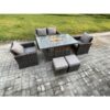 6 Seater Outdoor Rattan Sofa Set Garden Furniture Gas Firepit Dining Table Heater with 2 Small Footstools Dark Grey Mixed - Fimous