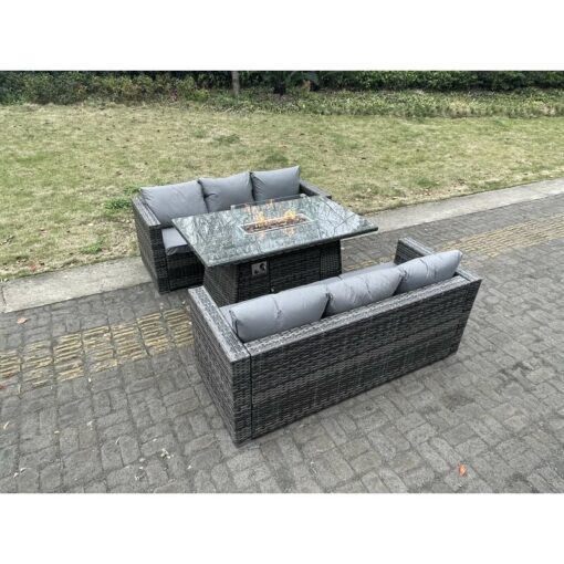 6 Seater Outdoor pe Rattan Garden Furniture Gas Fire Pit Dining Table Set Lounge Sofa Three Seater Sofa Dark Grey Mixed Patio - Fimous