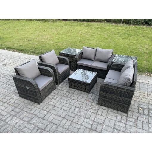 6 Seater Rattan Sofa Set Outdoor Garden Furniture Set with Square Coffee Table Loveseat Sofa Reclining Chairs 2 Side Tables Dark Grey Mixed - Fimous