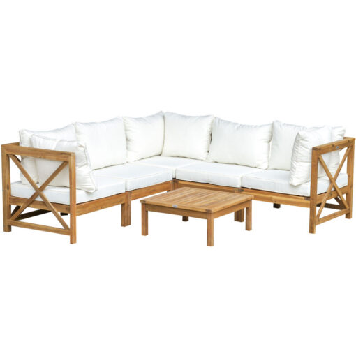 6 pcs Elegant Wood Frame Outdoor Patio Dining Set Cushions Coffee Table - Cream White - Outsunny