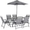 6-seater metal dining set with foldable chairs and parasol, 140x80x70cm table, grey - Grey