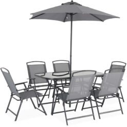 6-seater metal dining set with foldable chairs and parasol, 140x80x70cm table, grey - Grey