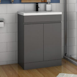 600mm Bathroom Vanity Unit With Wash Basin Ceramic Sink, 2 Double Door, High Gloss Grey, Cloakroom Storage Furniture Under Basin Cabinet,