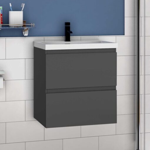 600mm Bathroom Vanity Unit With Wash Basin Ceramic Sink, 2 Drawers, High Gloss Grey, Cloakroom Storage Furniture Under Basin Cabinet, Wall Hung