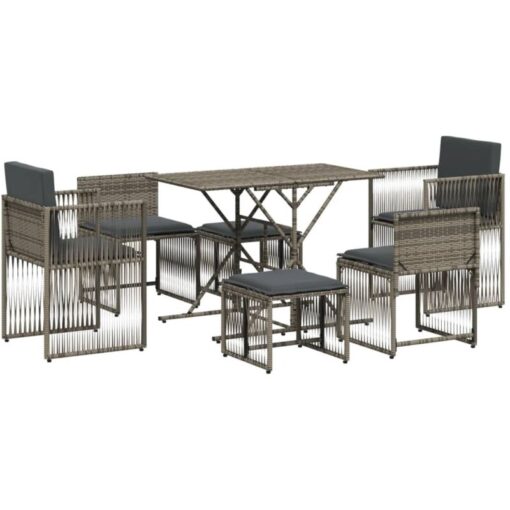 7 Piece Garden Dining Set with Cushions Grey Poly Rattan vidaXL