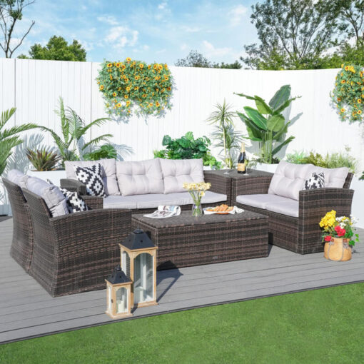 7-Seat Outdoor Rattan Furniture Garden Sofa Set with Two Storage Boxes, Brown - Abrihome