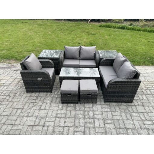 7 Seater Rattan Outdoor Garden Furniture Sofa Set Patio Table & Chairs Set with 2 Side Tables 2 Small Footstools Dark Grey Mixed - Fimous