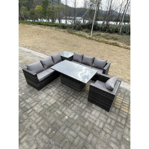 7 Seater pe Rattan Corner Sofa Set Garden Furniture Rising Adjustable Dining Table Set High Side Coffee Table With Arm Chair - Fimous