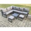 8 Seater Aluminium Garden Furniture Set Outdoor Lounge Corner Sofa Square Coffee Table Sets with 2 Small Footstools Dark Grey - Fimous