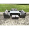 8 Seater Outdoor Rattan Garden Furniture Set with Patio Rectangular Dining Table Love Sofa 2 Small Footstools Dark Grey Mixed - Fimous