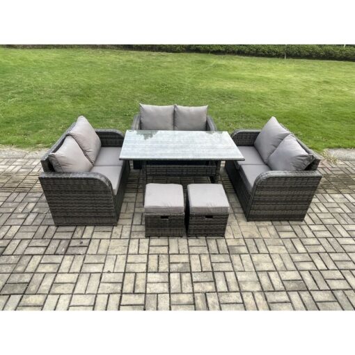 8 Seater Outdoor Rattan Garden Furniture Set with Patio Rectangular Dining Table Love Sofa 2 Small Footstools Dark Grey Mixed - Fimous