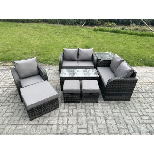 8 Seater Rattan Outdoor Garden Furniture Sofa Set Patio Table & Chairs Set with Side Table 3 Footstools Dark Grey Mixed - Fimous