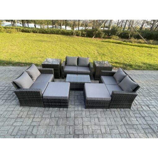 8 pc Rattan Sofa Garden Furniture Outdoor Patio Set with 2 Side Tables 2 Big Footstool Love Seat Sofa Dark Grey Mixed - Fimous