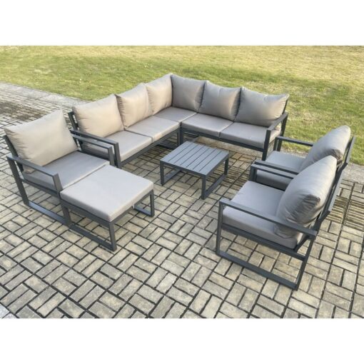 9 Seater Outdoor Aluminium Garden Furniture Set Corner Lounge Sofa Set with Square Coffee Table Chair Big Footstool Dark Grey - Fimous