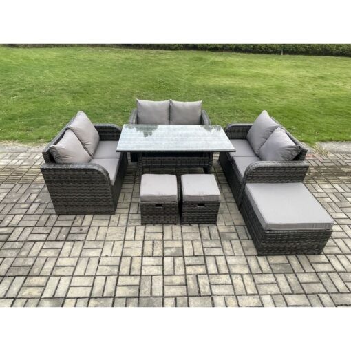 9 Seater Outdoor Rattan Garden Furniture Set with Patio Rectangular Dining Table Love Sofa 3 Footstools Dark Grey Mixed - Fimous