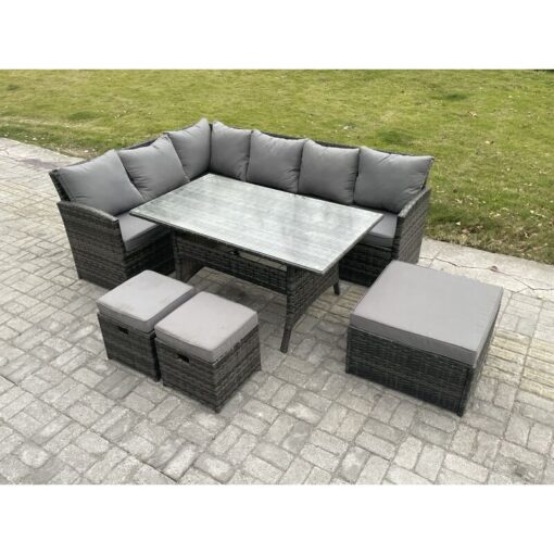 9 Seater Outdoor Rattan Garden Furniture Set with Rectangular Dining Table 3 Footstools Patio Wicker Corner Sofa Set Dark Grey Mixed - Fimous