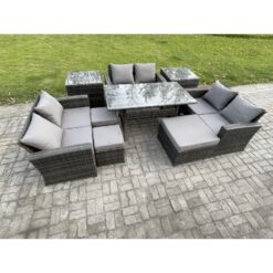 9 Seater Wicker pe Rattan Garden Furniture Sets Outdoor Lounge Sofa Set with Oblong Dining Table Double Seat Sofa 3 Footstools 2 Side Tables Dark