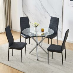 90x90 Round Table and Chairs, Round Glass Table with Chairs, Dining Table Set of 2/4 (Faux Leather, Black, With 4 Chairs)