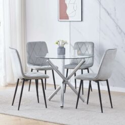 90x90 Round Table and Chairs, Round Glass Table with Chairs, Dining Table Set of 2/4 (Light Grey Rhombus Button, With 4 Chairs)