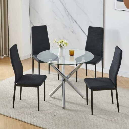 90x90 Round Table and Chairs, Round Glass Table with Chairs, Dining Table Set of 2/4(Linen, Black, With 4 Chairs)