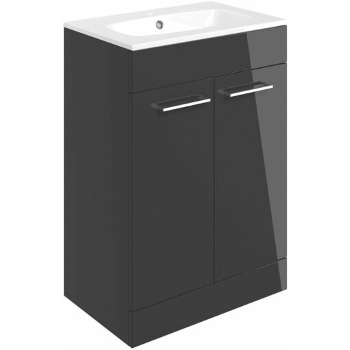 Aalborg Floor Standing 2-Door Vanity Unit with Basin 610mm Wide - Anthracite Gloss - Signature