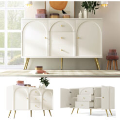 Abrihome - Sideboard Cabinet for Living Room, Chest of Drawers with 2 doors and 3 drawers, Adjustable shelf, Cream White, 40D x 140W x 84H cm