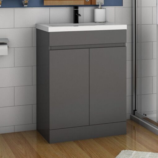 Acezanble - 600mm Bathroom Vanity Unit With Wash Basin Thick Ceramic Sink, 2 Double Door, High Gloss Grey, Cloakroom Storage Furniture Under Basin