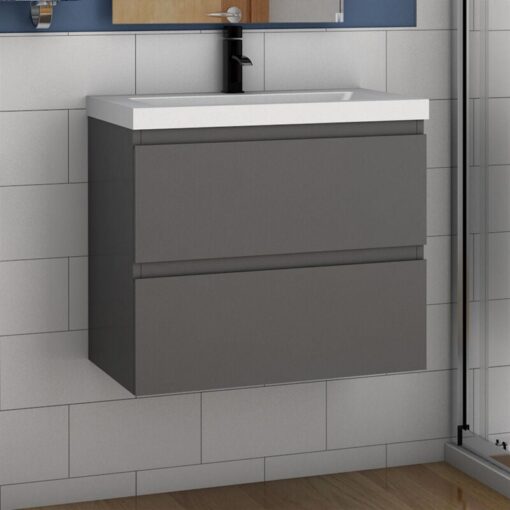 Acezanble - 800mm Bathroom Vanity Unit With Wash Basin Resin Sink, 2 Drawers, High Gloss Grey, Cloakroom Storage Furniture Under Basin Cabinet, Wall