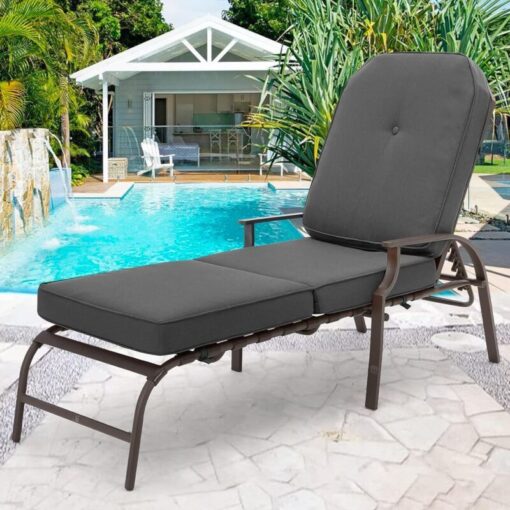 Adjustable Outdoor Chaise Lounge Chair Patio Lounge Chair Recliner Furniture with Armrest and Cushion for Deck, Poolside, Backyard (Grey) - Yodolla