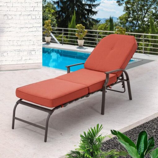 Adjustable Outdoor Chaise Lounge Chair Patio Lounge Chair Recliner Furniture with Armrest and Cushion for Deck, Poolside, Backyard (Orange) - Yodolla