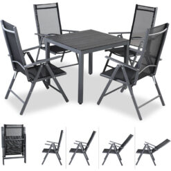 Aluminium Dining Table & Adjustable Chairs Set 4 Seater 80x80cm Square Table Garden Furniture Grey